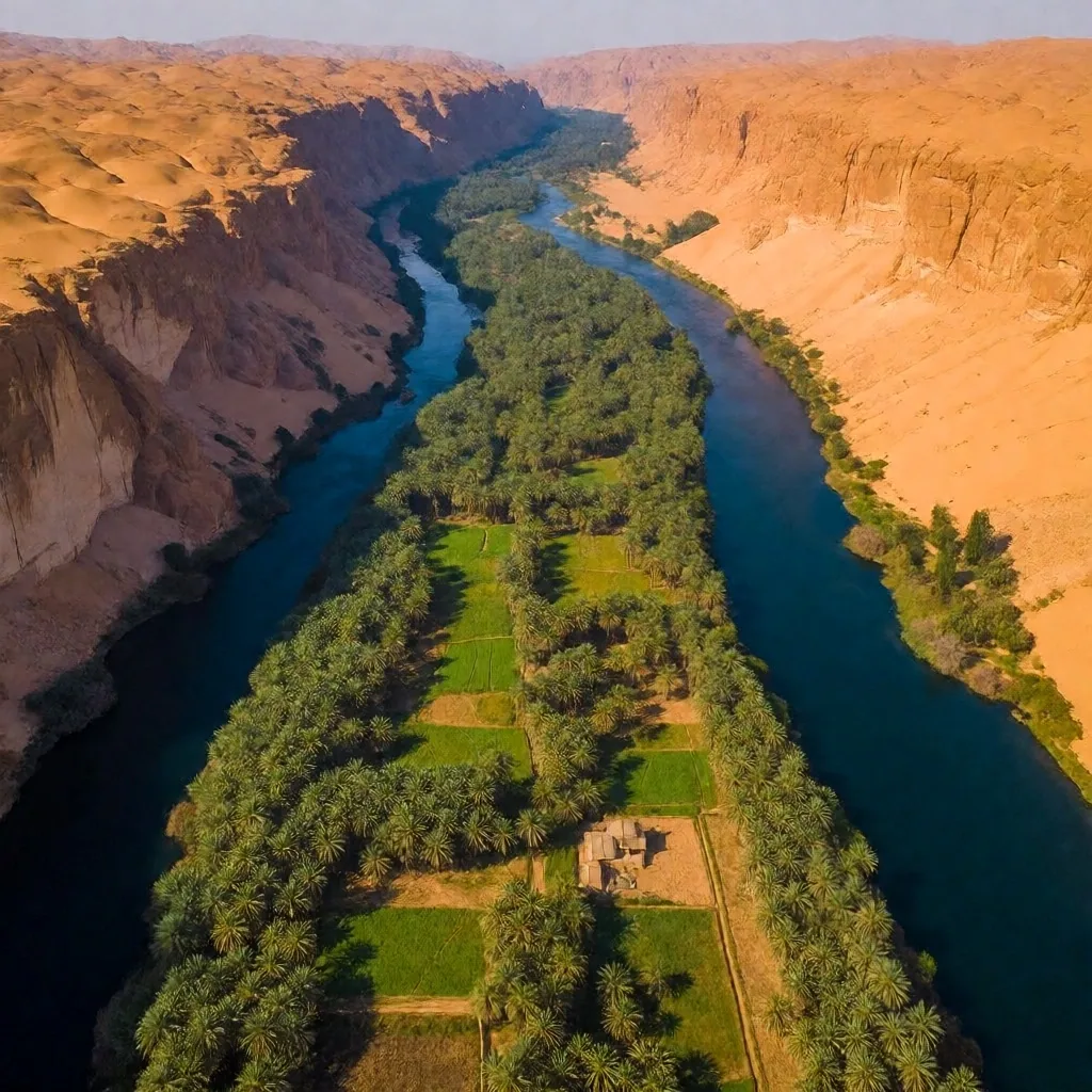 Aerial view of the Nile valley with green banks contrasting desert cliffs