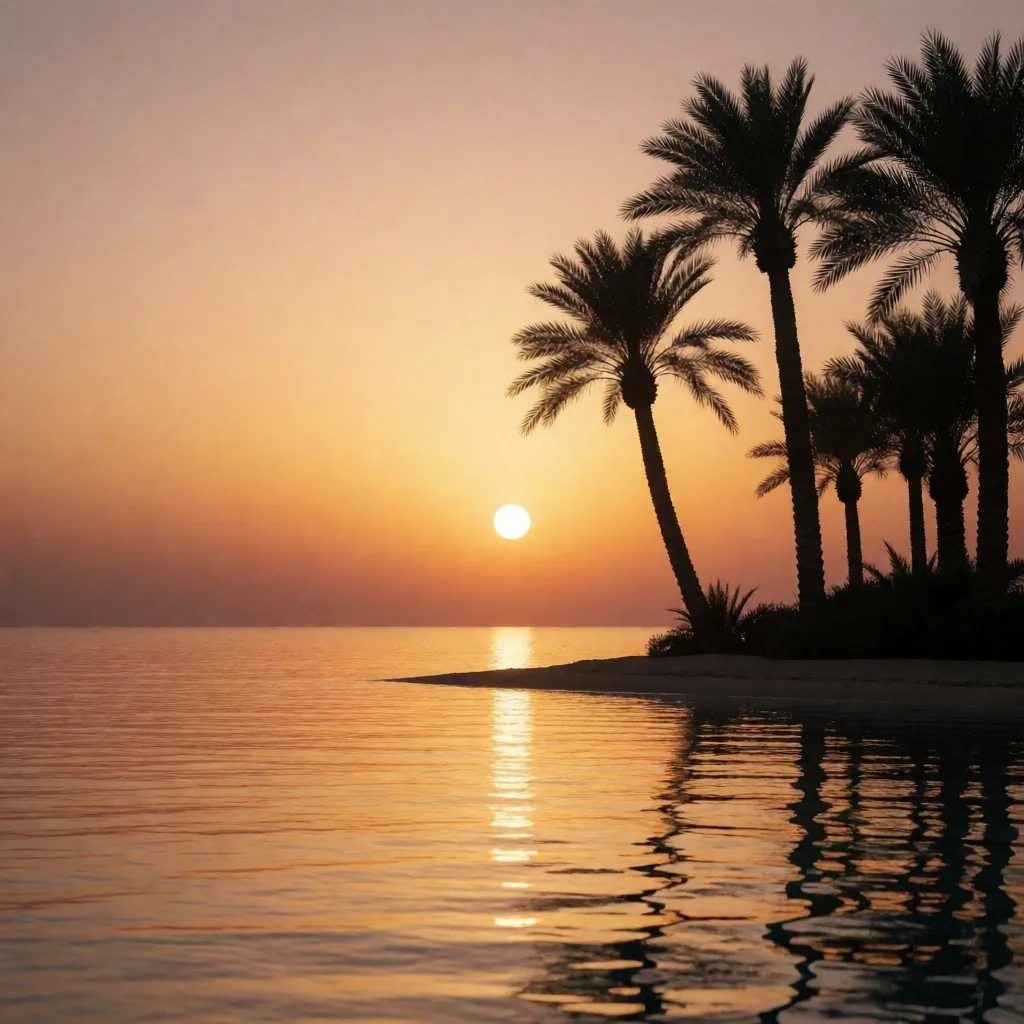 Palm tree silhouettes at sunset over the Red Sea