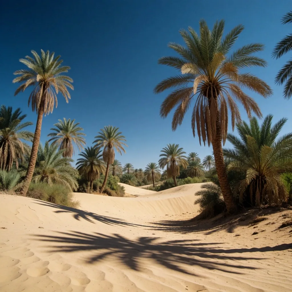 Palm trees casting sharp shadows on desert sand near an Egyptian oasis